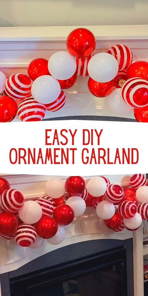 Diy Ornament Garland Christmas Balls, Ornament Garland Doorway, Garland Doorway, Diy Ornament Garland, Ornament Garland Diy, Diy Christmas Mantle, Christmas Doorway Decorations, Garland Front Door, Ornament Wreath Diy