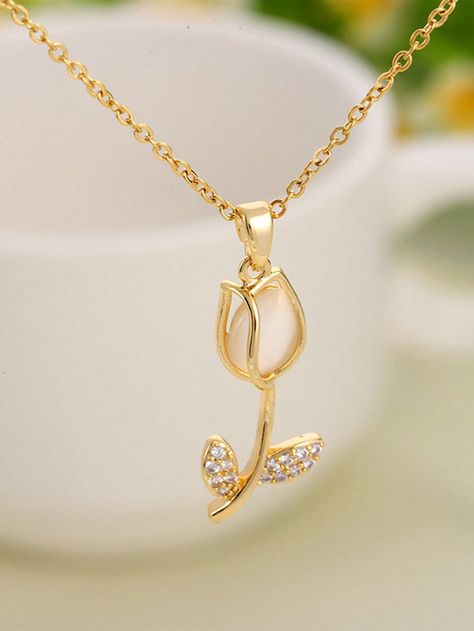 Gold  Collar  Stainless Steel   Embellished   Women's Fashion Jewelry Tulip Pearl Necklace, Necklace Tulips, Cute Gold Necklace With Cat Design, Elegant Silver Necklace With Cat Design, Tulip Necklace, Princess Jewelry, Cats Eye Stone, Pretty Jewelry Necklaces, Women Pendant