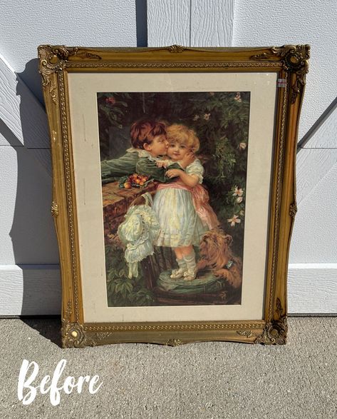 Repurposed Large Picture Frames, Repurpose Picture Frames Diy Wall Art, Upcycling Old Paintings, Upcycled Picture Frames Ideas, What To Do With Old Picture Frames, Painting Over Old Canvas Art, Long Picture Frame Ideas Wall Decor, Thrifted Wall Art, Old Frames Ideas Wall Art