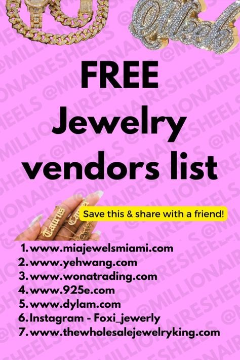 Follow us on Instagram for free vendors & business tips @Millionairesinheels Wholesale Vendors List Free, Wholesale Jewelry Vendors, Boutique Vendors, Cute Business Names, Small Business Plan Ideas, Small Business Ideas Products, Jewelry Small Business, Vendors List, Business Plan Outline