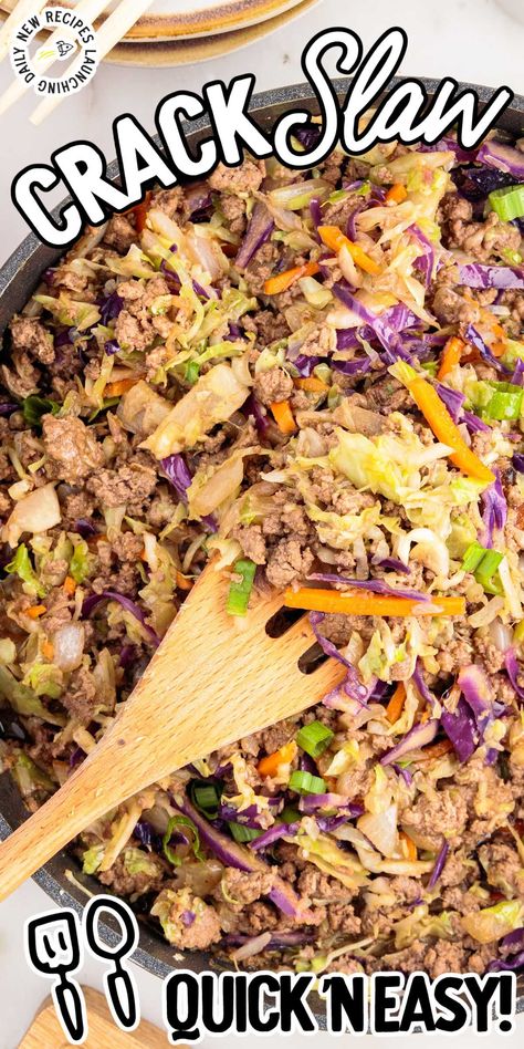 Crack slaw is a savory and speedy stir-fry, uniting seasoned ground beef, ginger, and vibrant coleslaw, all smothered in a delicious sauce. Broccoli Slaw Recipes, Cabbage Slaw Recipes, Ground Beef And Broccoli, Ground Beef And Cabbage, Ground Pork Recipes, Egg Roll In A Bowl, Slaw Recipe, Broccoli Slaw, Hamburger Meat Recipes