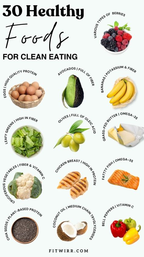 Want to practice clean eating but not sure where to start? Eat these 30 healthy, nutritious foods daily as part of a balanced diet. This list of the best clean-eating foods includes fresh produce, whole grains, plant-based protein, healthy fats, and dairy. Get meal ideas and tips for eating spinach, blueberries, sweet potatoes, salmon, grains, beans, eggs, yogurt, and more clean foods every day!