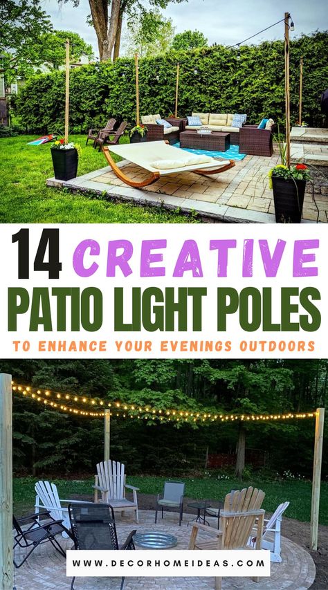 best DIY patio light poles ideas Diy Patio Light Poles, Patio Light Poles, Backyard Ambiance, Outdoor Lighting Ideas Backyards, Garden Decks, Backyard String Lights, Fire Pit Landscaping, Patio String Lights, Patio Fire Pit