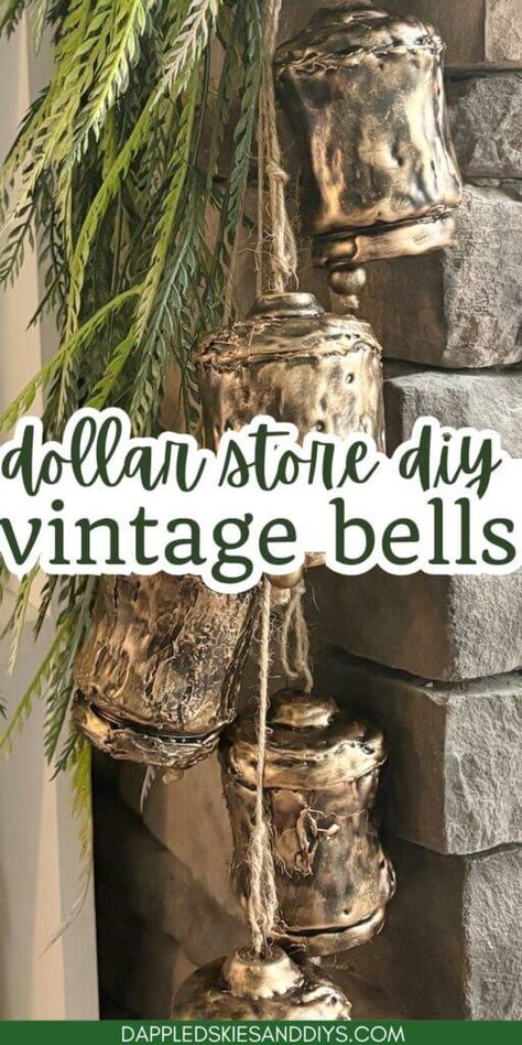 Looking for a way to make homemade Christmas bells? Well then, check out these DIY hanging brass bells using Dollar Tree supplies! Brass Bells Hanging Decor / DIY Christmas Bells / Vintage Brass Bells Christmas Bells For Wreath, Sleigh Bell Christmas Tree, Christmas Decor Ideas Using Bells, Gold Christmas Bells Decorations, Bells Hanging From Mantle, Using Bells In Christmas Decor, Bells Made From Glass Shades, Bell Christmas Tree Topper, Metal Bells Christmas