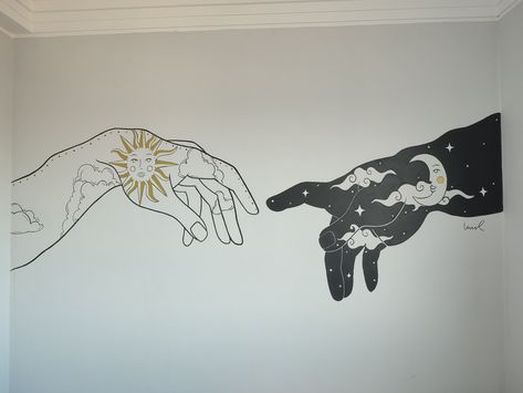 Mural in bedroom of the Da Vinci hands with the sun and moon Sun And Moon Mural Wall Art, Moon And Sun Bedroom Ideas, Witchy Wall Mural, Sun And Moon Wall Mural, Sun Moon Mural, Hand Painted Wall Murals Diy Bedroom, Sun And Moon Mural, Mural In Bedroom, Trippy Wall Mural