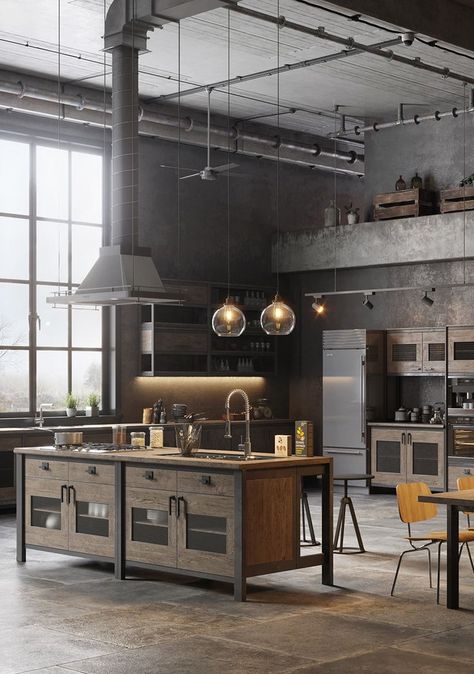 Oct 19, 2020 - Have you always loved loft kitchen designs? Then this article is for you. Click to find more and get inspired with tons of photos. Loft Kitchen Design, Industrial Loft Kitchen, Mil Suite, Modern Industrial Kitchen, Industrial Loft Design, Industrial Kitchen Island, Industrial Kitchen Design, Industrial Home Design, Loft Kitchen