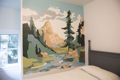 Wall mural based on a vintage paint by numbers. Wall Murals Nature, Forest Inspired Mural, Paint By Number Mural Diy Wall, Landscape Mural, Paint By Number Wall Mural, Log Cabin Wall Mural, Paint By Number Mural, Forest Wall Mural Painted Playroom, Playroom Wall Mural Forest