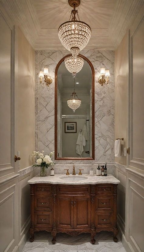 Classic Powder Room Design, Luxury Farmhouse Interior, Fancy Bathroom Luxury, Classic Bathroom Design Luxury, Bathroom Ideas Classic, Elegant Powder Room Ideas, Half Bathroom Wallpaper Ideas, Bathroom Classic Design, Chic Bathroom Design