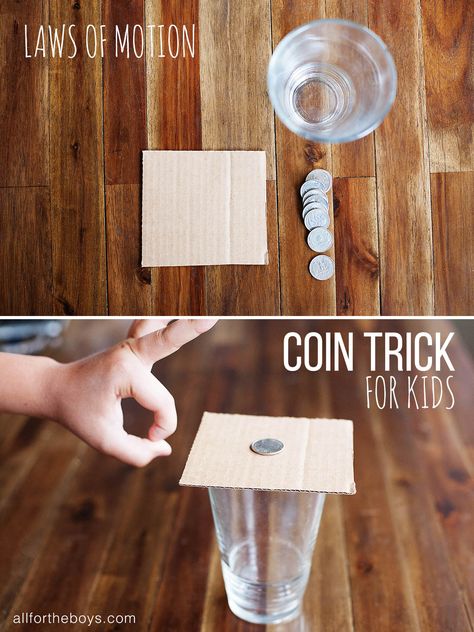 Laws of motion coin trick for kids (with video) Science Experience, Coin Tricks, Magic Tricks For Kids, Laws Of Motion, 8th Grade Science, 6th Grade Science, Kid Experiments, Force And Motion, E Mc2