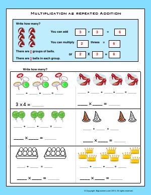 Worksheet | Multiplication as Repeated Addition | Learn and practice the multiplication strategy of repeated addition. Addition And Multiplication Worksheets, Multiplication As Repeated Addition, Second Grade Math Worksheets, Worksheet Multiplication, Repeated Addition Worksheets, Repeated Addition Multiplication, Math Fractions Worksheets, Peraturan Kelas, Math Multiplication Worksheets