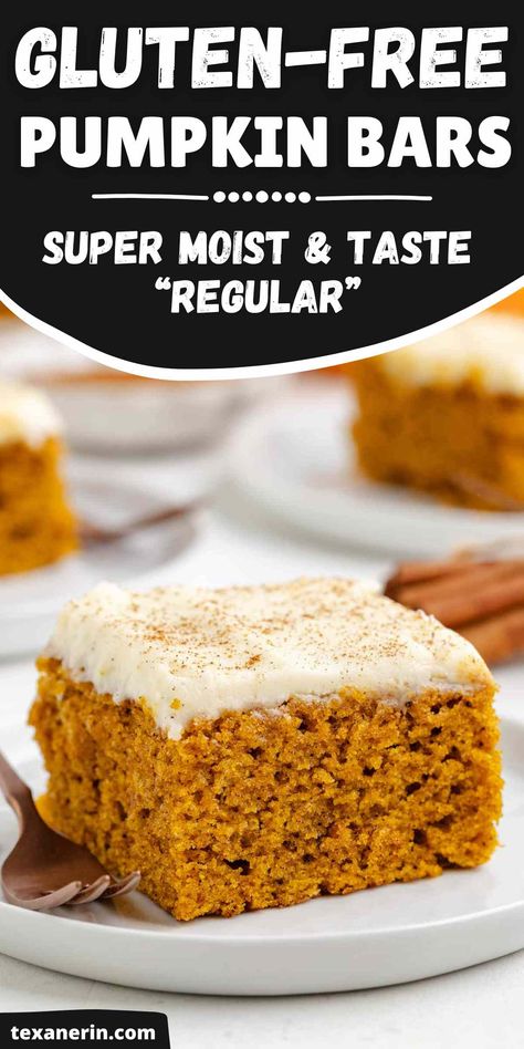 Enjoy the best gluten-free pumpkin bars, perfect for fall! These moist, spiced pumpkin squares are topped with a rich cream cheese layer, making them an irresistible treat. Whether you're craving pumpkin desserts or looking for the best pumpkin bars to share, this recipe is a must-try! They can also be made with all-purpose or whole wheat flour. Gf Pumpkin Blondies, Easy Gf Dessert Recipes, Healthier Pumpkin Bars, Gluten Free Pumpkin Bars With Cream Cheese Frosting, Thanksgiving Recipes Dessert Gluten Free, Gf Df Pumpkin Bars, Sheet Pan Libby’s Pumpkin Bars, Gluten Free Pumpkin Bars Cream Cheese, Best Gluten Free Fall Desserts