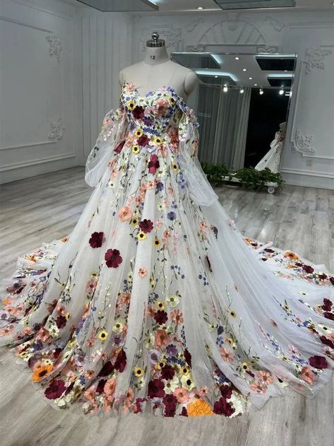 Multi Color Wedding Dress, Wedding Dresses Embroidery Flowers, Plus Size Wedding Dresses Colorful, Dress Covered In Flowers, Colorful Bridal Gown, Bright Floral Wedding Dress, White Wedding Dress With Colored Flowers, Colourful Floral Wedding Dress, Red Floral Wedding Dress