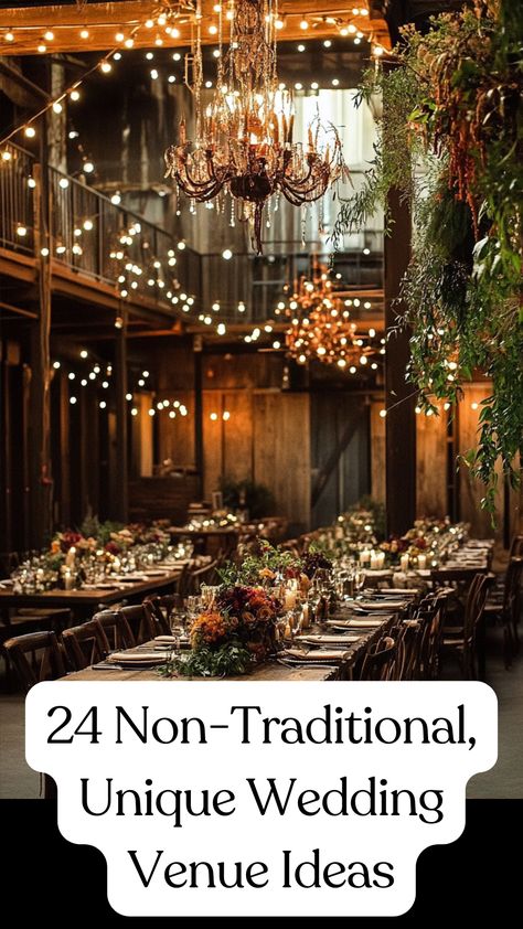 A stylish and unique wedding venue featuring rustic barn decorations and chic urban loft elements, perfect for a non-traditional and budget-friendly wedding celebration. Creative Wedding Venue Ideas, Different Wedding Venues, Wedding Ideas Untraditional, Family Only Wedding Ideas, Rustic Bohemian Wedding Ideas, Nontraditional Wedding Venues, Wedding Venue Colors, Anniversary Venue Ideas, Wedding At House