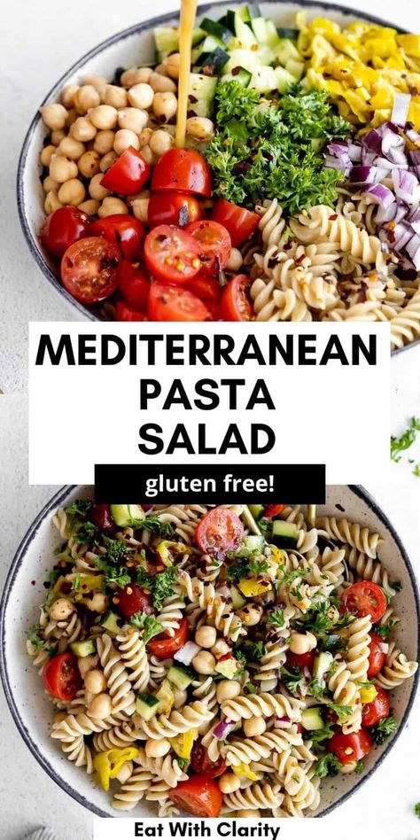 Gluten Free Pasta Salad Recipes, Chickpea Pasta Salad, Picnic Salads, Protein Pasta Salad, Mediterranean Pasta Salad, Gluten Free Pasta Salad, High Protein Pasta, Mediterranean Chickpea, Mediterranean Pasta Salads