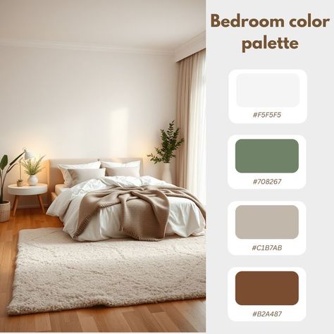 Color Palette1 Modern bedroom with cozy decor and an earthy color palette including white, green, beige, and brown. Warm lighting. | Sky Rye Design Color Palette Bedroom Neutral, Traditional Bedroom Colors, Off White Bedrooms, Palette Bed, Lighting Sky, Bedroom Color Palette, Bedroom Palette, Guest Bedroom Colors, Cozy Bedroom Colors