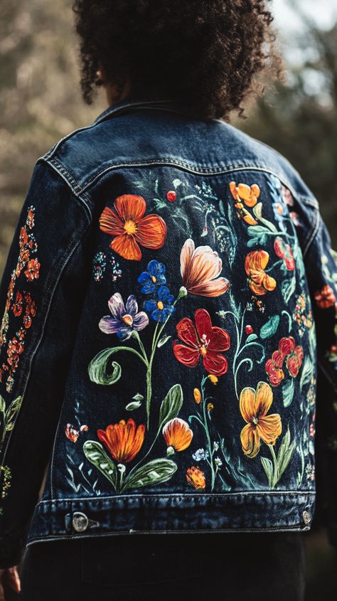 Custom hand-painted oversized denim jacket featuring whimsical floral designs, captured in natural light, shot with a Canon EOS R and 50mm f/1.2 lens for vibrant detail. Floral Painted Jean Jacket, Fabric Painting On Denim Jacket, Jean Jacket Art Ideas, Diy Jean Jacket Ideas Paint, Painted Jean Jacket Diy, Jean Jacket Painted Ideas, Hoodie Painting Ideas, Painting On Denim Jacket, Denim Jacket Painting