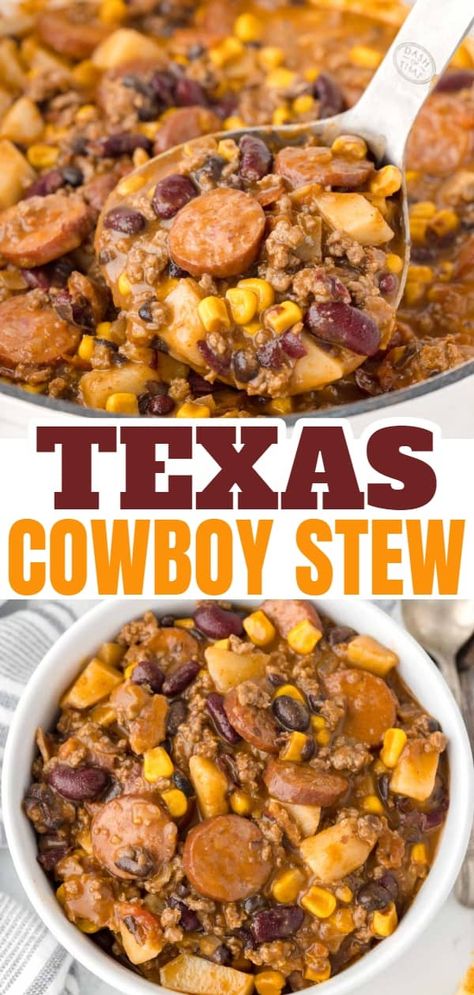 Texas Cowboy Stew is a hearty dish loaded with ground beef, smoked sausage, bacon, potatoes, corn, beans and diced tomatoes all in a flavourful beef broth. Texas Cowboy Stew Recipe, Cowboy Stew Recipe, Texas Cowboy Stew, Cowboy Stew, Dump Recipes, Smoked Sausage Recipes, Gathering Ideas, Kielbasa Recipes, Texas Cowboy