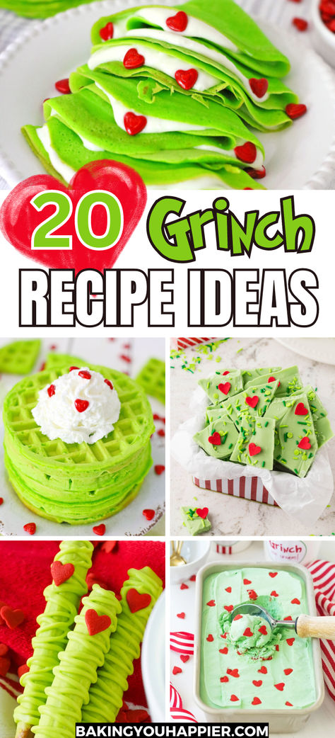 20 Grinch Recipes, put a cheerful smile on any Grinch�’s face with these 20 adorable, festive, and delicious treats! Christmas Dessert Recipes Grinch, Grinch Crispy Treats, Grinch Recipes Desserts, The Grinch Breakfast Ideas, Grinch Cheesecake Bites, Grinch Poop Recipe, Grinch Trifle Recipe, Grinch Food Ideas Snacks, Grinch Themed Meals