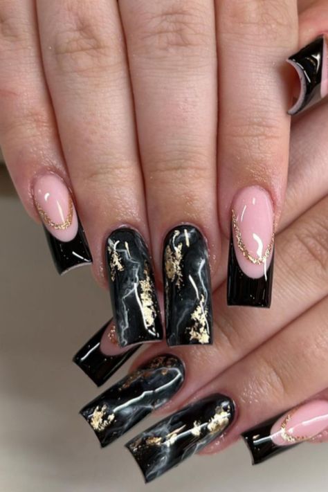 Extravagant and dramatic with specs of gold foil, this black marble nail art design on square tips will make a bold style statement. Extravagant Black Nails, Black And Marble Nails, Black And Gold Square Nails, Black Marble Nail Art, Black And Gold Marble Nails, Extravagant Nails Designs, Nail Ideas Silver, Extravagant Nails, Silver Prom Nails