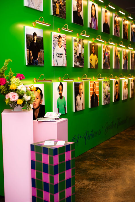 Vibrant and colorful columns and picture wall for Heart Gallery Event. Pink, green, and patterns for guests to enjoy #brightdesign #socialllamaevents #patternwall #interactivepartydesign #eventdesign #eventrentals #dallasevents #partyrentals #dfwevent #brightevent #colorfulparty #heartgallery #springparty #flowerarrangement #photowall #wallrental #partyrentals Environment Graphics, Gallery Event, Event Booth, Unique Gallery Wall, Spring Party, Colorful Party, Event Marketing, Gen Z, Bright Designs