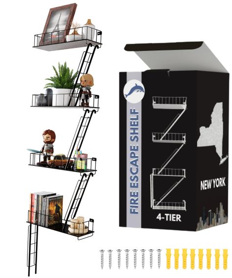 Cool Ways To Display Books, Fire Escape Decor, Random Room Decor, Superhero Display, Staircase Floating, Fire Escape Shelf, Lego Shelves, Hang Shelves, Ladder Shelving