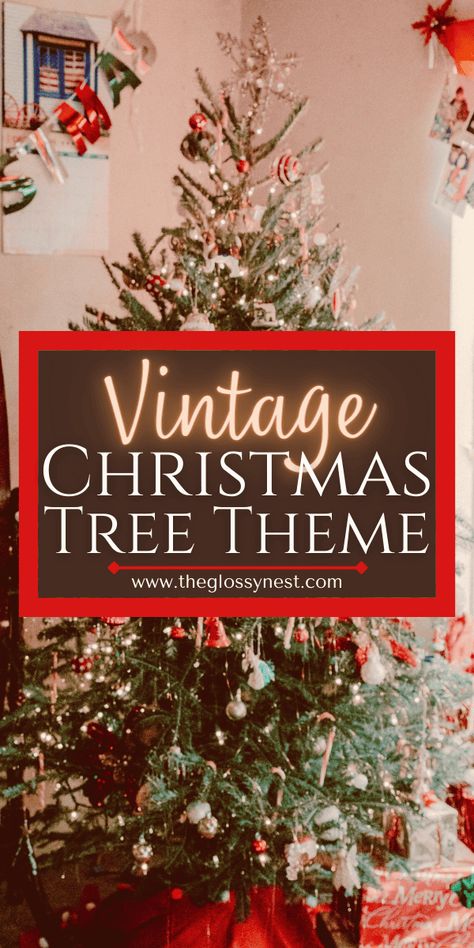 Feeling nostalgic for Christmases from the past? Get out your retro Christmas decor for these vintage Christmas tree ideas! This easy, DIY, retro Christmas tree theme uses big multi colored lights, glass icicles, baubles, bubble lights, tinsel, angel tree toppers, homemade garland, ribbon, bows & old world ornaments for a rustic, shabby chic, elegant, kitsch, English, bright or MCM look. Use black, white, gold, silver, red, green, blue & neutral colors for your vintage Christmas tree theme! Old Fashion Christmas Tree Decorations Vintage Ornaments, How To Decorate A Vintage Christmas Tree, Small Christmas Tree Toppers, Vintage Decorated Christmas Trees, Old Fashioned Christmas Tree Ideas, Vintage Garland Christmas, Old Fashioned Christmas Tree Decorations, Vintage Tree Decorations Ideas, Vintage Christmas Trees Decorated