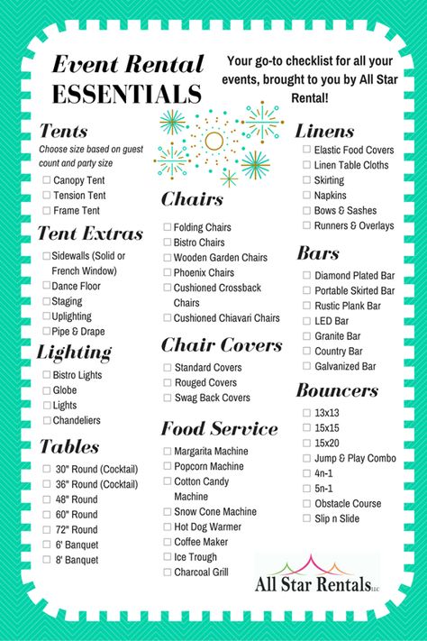 Worried about forgetting something for your upcoming event? All Star Rental has your back! Check out our new Rental Essential Checklist to make sure you have everything to make your event a hit! Find even more great products at AllStarRentals.net! Event Planning Organization Ideas, Rental Checklist, Event Space Business, Event Planning Board, Event Venue Business, Party Rental Ideas, Event Rental Business, Party Rentals Business, Event Checklist