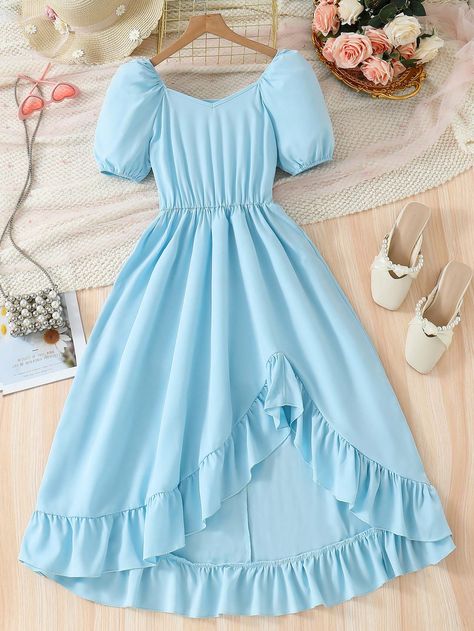 Baby Blue Cute Collar Short Sleeve Polyester Plain A Line Embellished Non-Stretch  Teen Girls Clothing Square Neck Puff Sleeve Dress, Teen Girls Dresses, Puff Long Sleeve Dress, Dress Outfits Party, Cute Formal Dresses, Simple Frocks, Teenage Girls Dresses, Baby Blue Dresses, Teen Dress