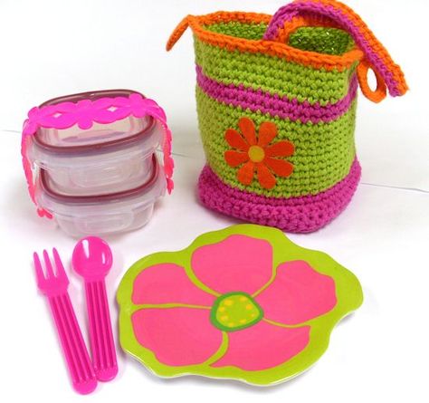 Happy Bento Lunch Caddy free crochet pattern japanese bag pouch custom healthy school Crocheted Lunch Bag, Crochet Lunch Box Bag, Crochet Lunchbox Bag, Crochet Lunch Bag, Travel Crochet Pouch Bag With Top Handle, Travel Crochet Basket Bag With Bamboo Handle, Crochet Picnic Basket Toy, Lunch Bags Pattern, School Lunch Bag