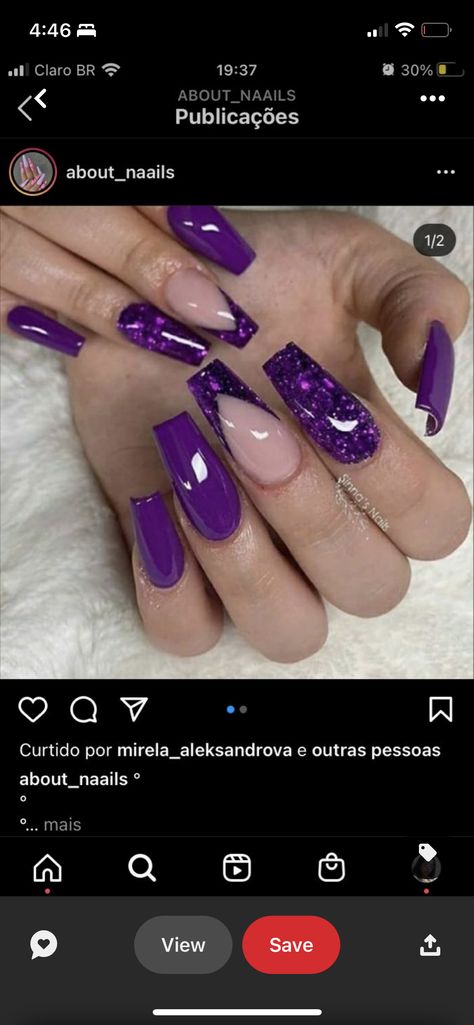 Purple Nail Art Designs Violets, Purple Tip Nails Coffin, Crazy Purple Nails, Different Purple Nails, Coffin Nail Ideas Purple, Dark Purple Sweet 16 Nails, Short Dark Purple Acrylic Nails Design, Black And Purple Glitter Ombre Nails, Dark Purple Nails With Rhinestones