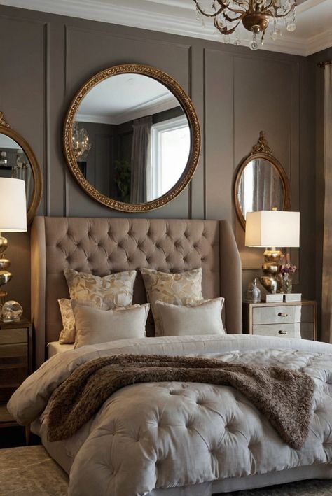 Interior design, bedroom decor, wall paint, home decoration Side Table With Mirror Above, Mirror Over Bedside Table, Mirror Wall Bedroom Behind Bed, Mirrors On Each Side Of Bed, Round Mirror Over Bed, Mirror Behind Nightstand Master Bedrooms, Mirror Above Bedside Table, Mirrors Behind Bed, Bedroom Ideas With Mirrors