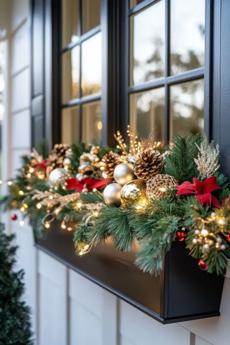 Home Window Christmas Decor Ideas, Christmas Wreaths Outdoor Windows, Christmas Home Outdoor Decor, Christmas Exterior Window Decorations, Window Box Ideas For Christmas, Outdoor Window Decorations For Christmas, Flower Bed Christmas Decor, Window Decor Christmas Outdoor, Christmas Arbor Decorating