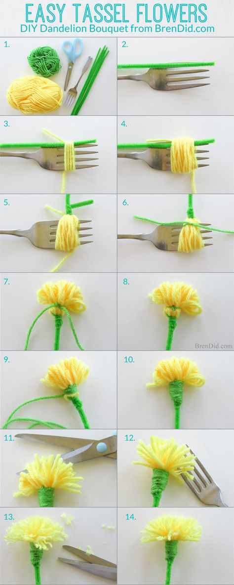 Easy Tassel Flowers: DIY Dandelion Bouquet | http://brendid.com/easy-tassel-flowers-diy-dandelion-bouquet/ Diy – Velikonoce, Diy Flores, How To Make Tassels, Diy Simple, Mothers Day Crafts, Flowers Diy, Spring Crafts, Cute Crafts, Yarn Crafts