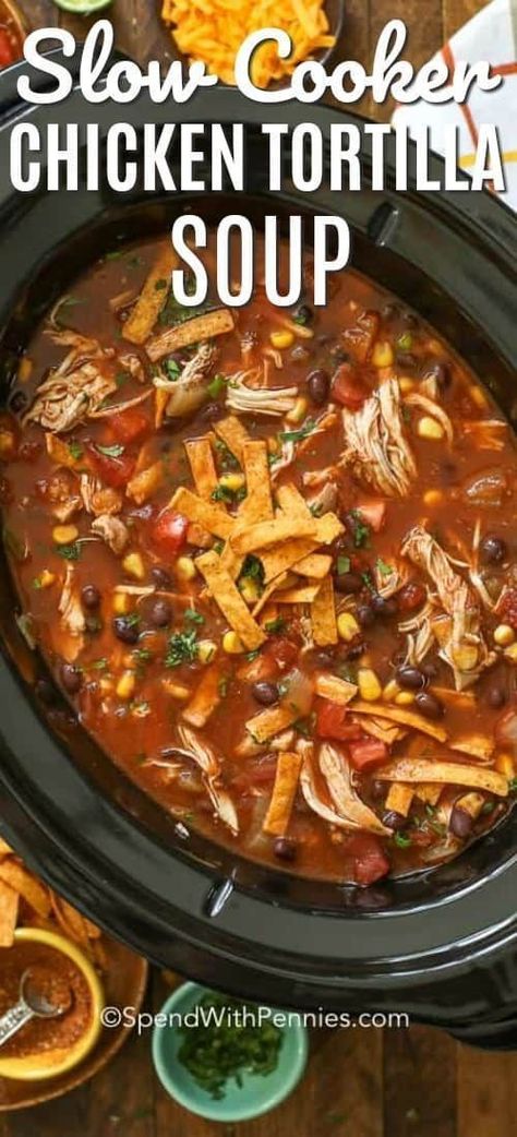 Slow Cooker Tortilla Soup, Slow Cooker Chicken Tortilla Soup, Tortilla Soup Recipe, Crock Pot Recipes, Crockpot Soup Recipes, Slow Cooker Desserts, Slow Cooker Dinner, Crockpot Dishes, Chicken Tortilla Soup