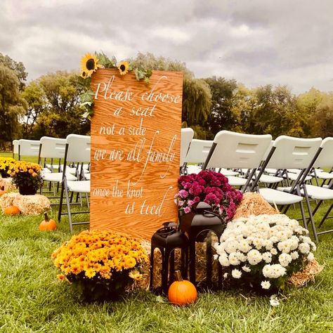 Decorating With Mums For Wedding, Wedding With Pumpkins Decorating Ideas, Mums Aisle Wedding, Fall Mum Wedding Centerpieces, Mums Wedding Alter, Mums And Sunflower Wedding, Sunflower And Mum Bouquet, Fall Mums Wedding Aisle, Aisle Decorations Wedding Outdoor Fall