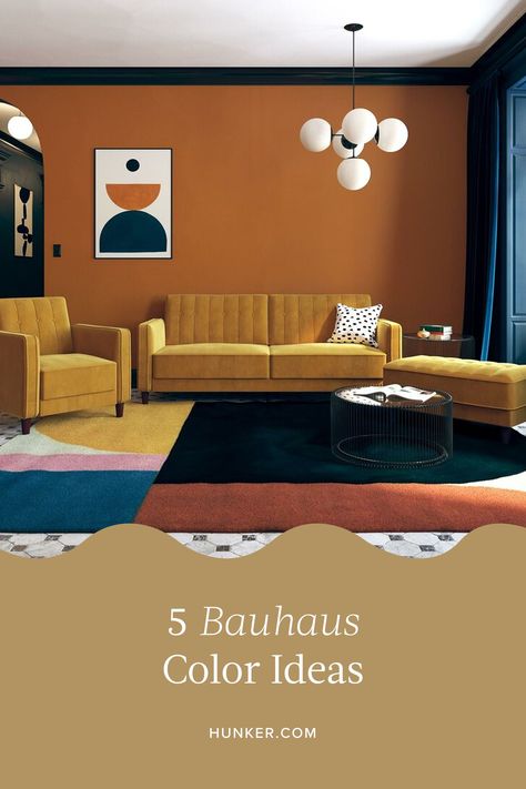 Home Office Room Color Ideas, Bauhaus House Interior, Mid Century Bauhaus Interior, Bauhaus Room Decor, Bauhaus Small Apartment, Bauhaus Style Living Room, Bauhaus Interior Design Kitchen, Bau Haus Interior Design, Bauhaus Room Design