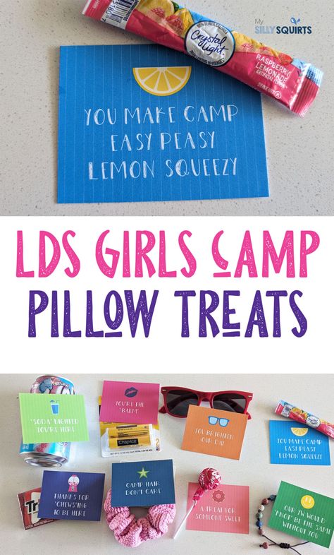 Print these 9 adorable LDS girls camp pillow treat gift tags - My Silly Squirts Lds Yw Camp Pillow Treats, Camp Pillow Treats Young Women, Tuck In Treats Girls Camp, Yw Camp Pillow Treats, Lds Girls Camp Themes 2024, Pillow Treats For Girls Camp, Girls Camp Tuck In Treats, Girls Camp Themes, Lds Girls Camp Themes