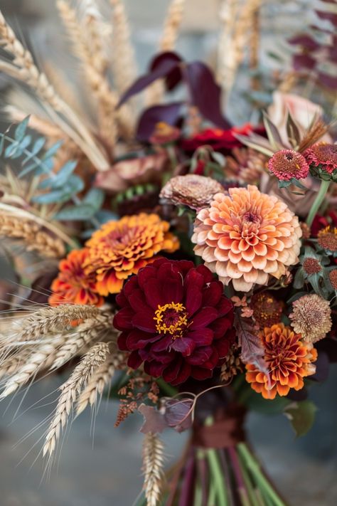 Bouquets for fall weddings capture the season's essence through their lush, warm colors and rustic appeal. These floral creations add a romantic, earthy vibe, enhancing the enchanting atmosphere of any autumn celebration. Vintage Fall Wedding Bouquet, Fall Wedding Colors October Floral Arrangements, Fall Floral Swag, Vintage Wedding Bridal Party, Types Of Wedding Flowers Fall, Wedding Bouquets Bride Boho, Wedding Fall Centerpieces Diy, Isle Decorations Wedding October, Earthy Autumn Wedding