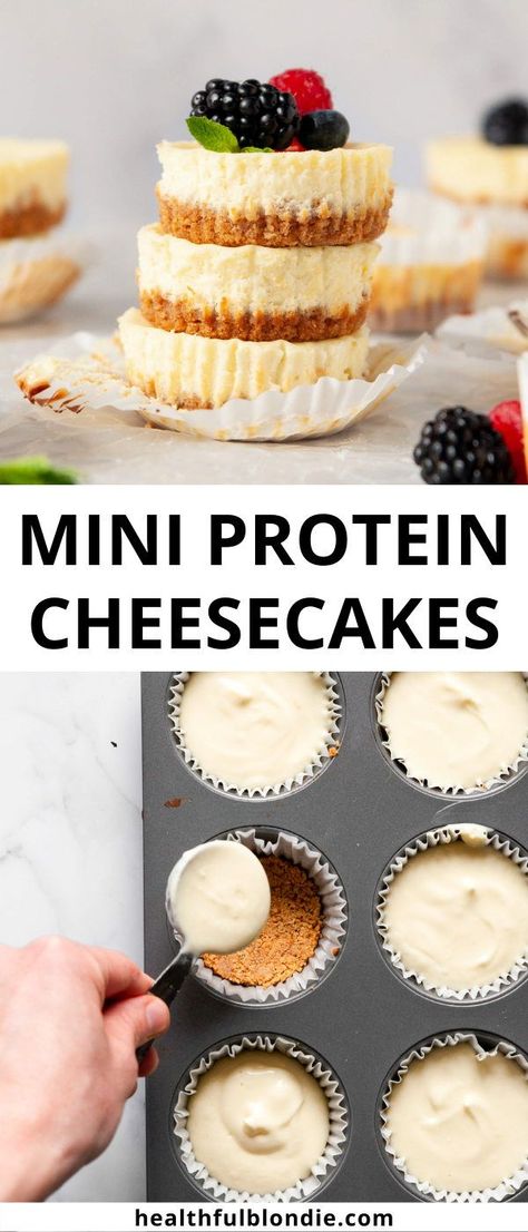 These mini protein cheesecakes are the perfect healthy dessert with over 9 grams of protein per serving! They have a homemade buttery graham cracker crust and are made with Greek yogurt and light cream cheese. Protein Cheesecake Healthy, Gluten Free Graham Cracker Crust, Greek Yogurt Dessert, Protein Cheesecake, Yogurt Dessert, Protein Baking, High Protein Desserts, Healthy Cheesecake, Cream Cheese Desserts