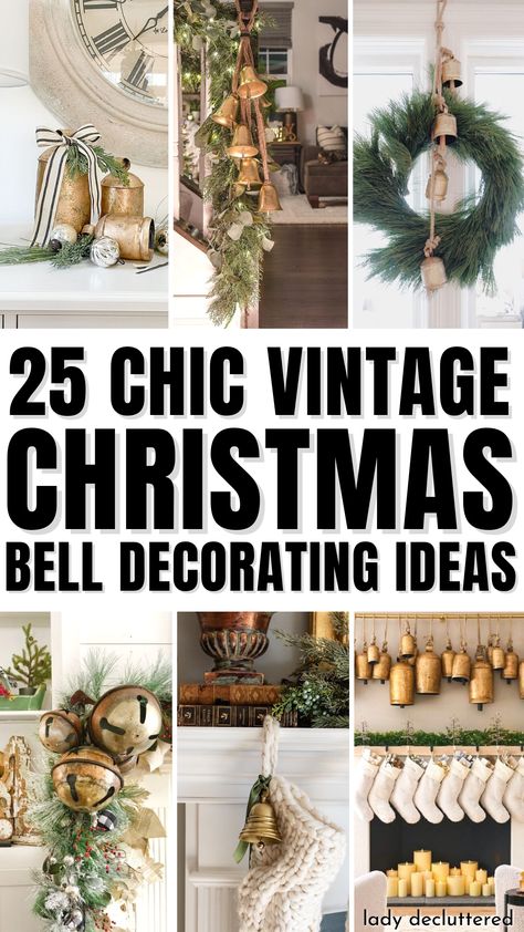 How To Decorate Bells For Christmas, Large Sleigh Bells Decor, Christmas Cow Bells Decor, Christmas Greenery With Bells, Christmas Wreaths With Cow Bells, Sleigh Bell Decorating Ideas, Christmas Decor Ideas Using Bells, Gold Christmas Bells Decorations, Cowbell Christmas Decorations