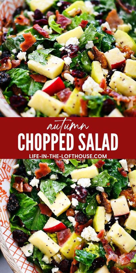 Autumn chopped salad is filled with chopped leafy greens, apples, cranberries, bacon, pecans and feta cheese. Life-in-the-Lofthouse.com Harvest Chopped Salad, Hearty Healthy Salads, Complete Meal Salads, Fall Salad With Apples And Pecans, Salads Thanksgiving Dinner, Easy Harvest Salad, Autumn Green Salad, Chopped Fall Pasta Salad, Fall Salad With Chicken