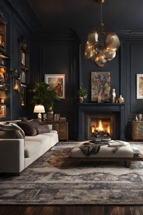 🏡 Explore the allure of Airi Studio's dark and moody living room. An exquisite blend of elegance and mystery, this space captivates the senses. ✨ #LivingRoomGoals #DarkDecor #AiriStudio #MoodyInteriors #InteriorDesignInspo #HomeDecorIdeas #ElegantLiving #InteriorInspiration #CozyLiving #SophisticatedSpaces Deep Blue Living Room, Dark Moody Living Room, Dark And Moody Living Room, Charcoal Living Rooms, Dark Academia Living Room, Salons Cottage, London Living Room, Moody Living Room, Parlor Room