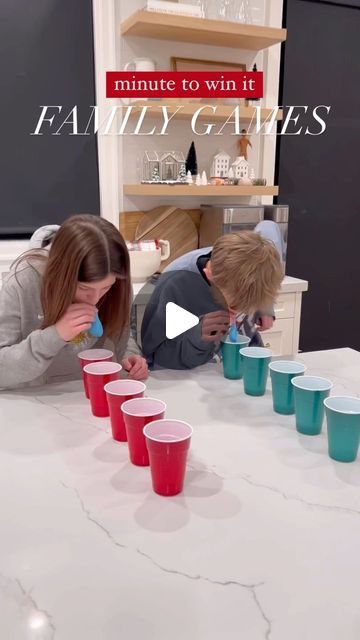 Christine Andrew | Hello Fashion on Instagram: "3 quick easy minute to win it games for all ages with family or friends. Games are always one of the highlights of our get togethers!  Excited for you guys to play with your fanily. Save for later for when you have company over or are in charge of game night 🏆❤️   #familytime #familygamenight #react #holidays #blendedfamily #familyfun #partygames" Bring Me Game List, School Minute To Win It Games, Home Made Games For Family, Kids Holiday Games For School, Dollar Tree Game Ideas, One Minute To Win It Games, Interactive Family Games, Active Family Games, Minute To Win It Games With Cups