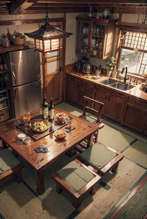 Traditional Japanese Kitchen Aesthetic, Traditional Chinese Kitchen Design, Middle Class Japanese Home, Japanese Themed House, Old Japanese House Aesthetic, Japanese Cabin Interior, Country Japanese House, Old Japanese Kitchen, Japanese Victorian House