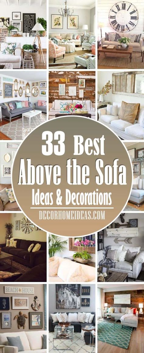 30 Creative Ideas To Decorate Above The Sofa With Style | Decor Home Ideas Living Hall Wall Decor Ideas, Over The Sofa Wall Decor Ideas Farmhouse, Above Sofa Wall Decor Ideas Living Rooms, Wall Groupings Above Couch, Art For Behind The Couch, Large Wall Behind Couch Decor Farmhouse, Decorating Ideas For Large Wall Space Living Rooms, Boho Above Couch Decor, Over The Couch Wall Decor Ideas Modern