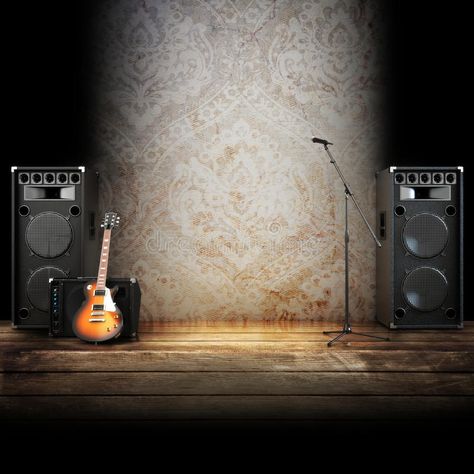 Music stage or singing background. Microphone, guitar and speakers with wood flo , #Ad, #Microphone, #guitar, #speakers, #background, #Music #ad Singing Background, Wood Stage, Music Tapestry, Music Stage, Stage Background, Studio Background Images, Large Tapestries, Vintage Guitar, Simple Background Images