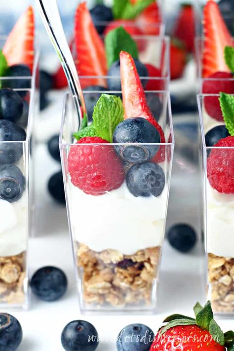 Yogurt Parfait Shooters, Mini Parfaits Yogurt, Individual Yogurt Parfaits Brunch Ideas, Mini Yogurt Parfait Cups Party, Mini Fruit Parfait Cups, Mini Yogurt Parfait Cups, Mini Yogurt Parfait, Mini Parfait Cups, Fruit Parfait Cups