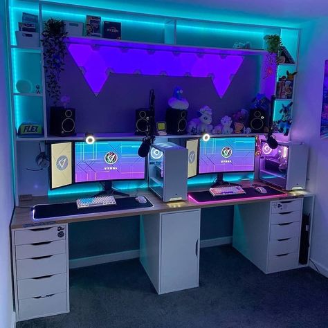 Gaming Set Up For Couples, Couple Game Setup, Couples Pc Gaming Room, Dual Gaming Setup, Couple Pc Gaming Setup, Couple Gamer Room, Couples Game Room, His And Hers Gaming Room, Couples Gaming Room