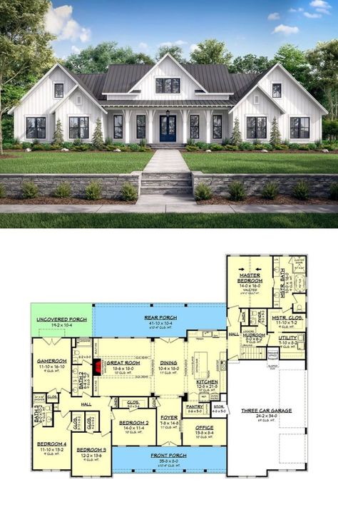 5 Bedroom House Plans, Farmhouse Floor Plans, Two Story House Plans, Farmhouse Style House Plans, Bedroom Floor Plans, Farmhouse House, Family House Plans, House Plans Farmhouse, Modern Farmhouse Plans