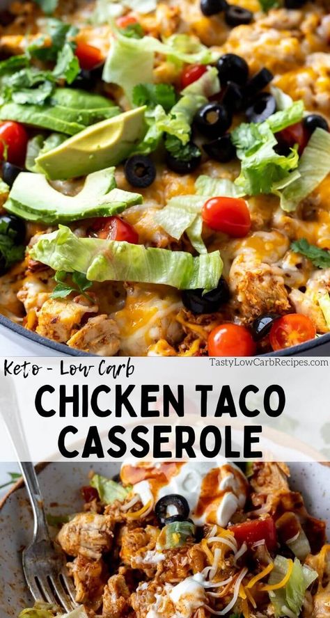 Low Carb Chicken Taco Casserole is a filling dinner recipe for the whole family. Cauliflower rice and chicken with all the taco flavor and toppings. #casserolerecipes #tacocasserolerecipes #lowcarbrecipes #ketorecipes Chicken Taco Casserole, Healthy Low Carb Dinners, Low Carb Low Fat Recipes, Filling Dinner, Chicken Taco, Taco Casserole, Health Dinner, Low Carb Diet Recipes, Healthy Low Carb Recipes